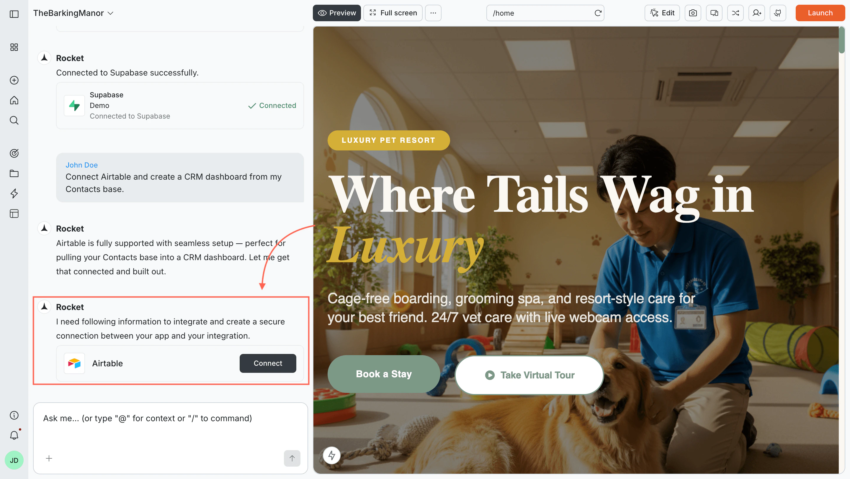Rocket chat panel showing a Connect prompt for Airtable.