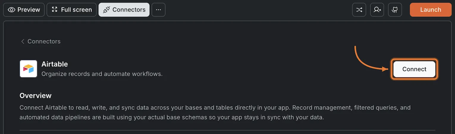 Connectors panel showing the Airtable card with a Connect button.