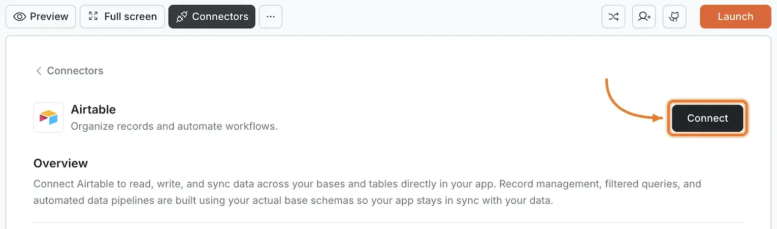 Connectors panel showing the Airtable card with a Connect button.