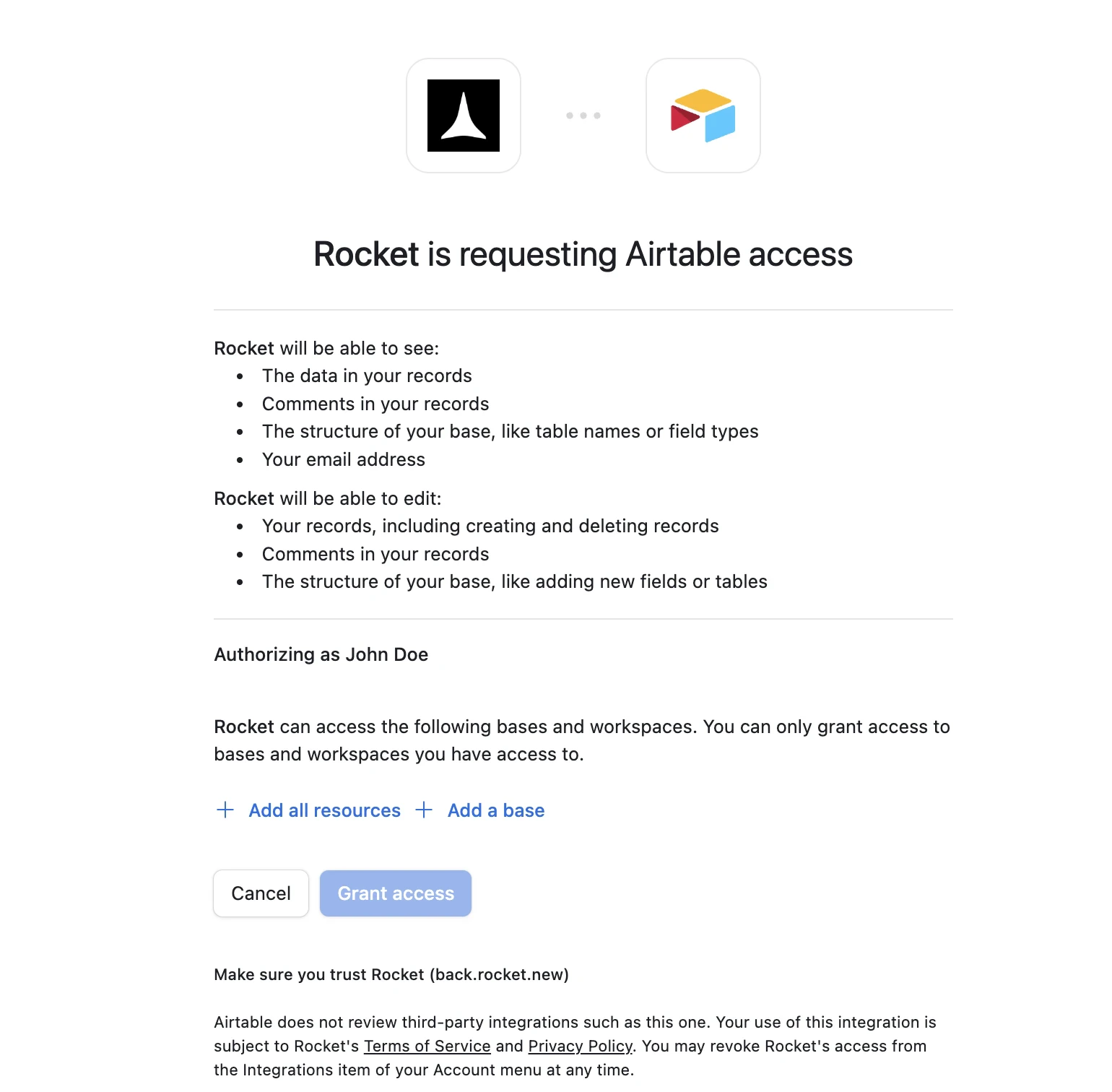 Airtable OAuth screen showing Rocket requesting access to your bases.