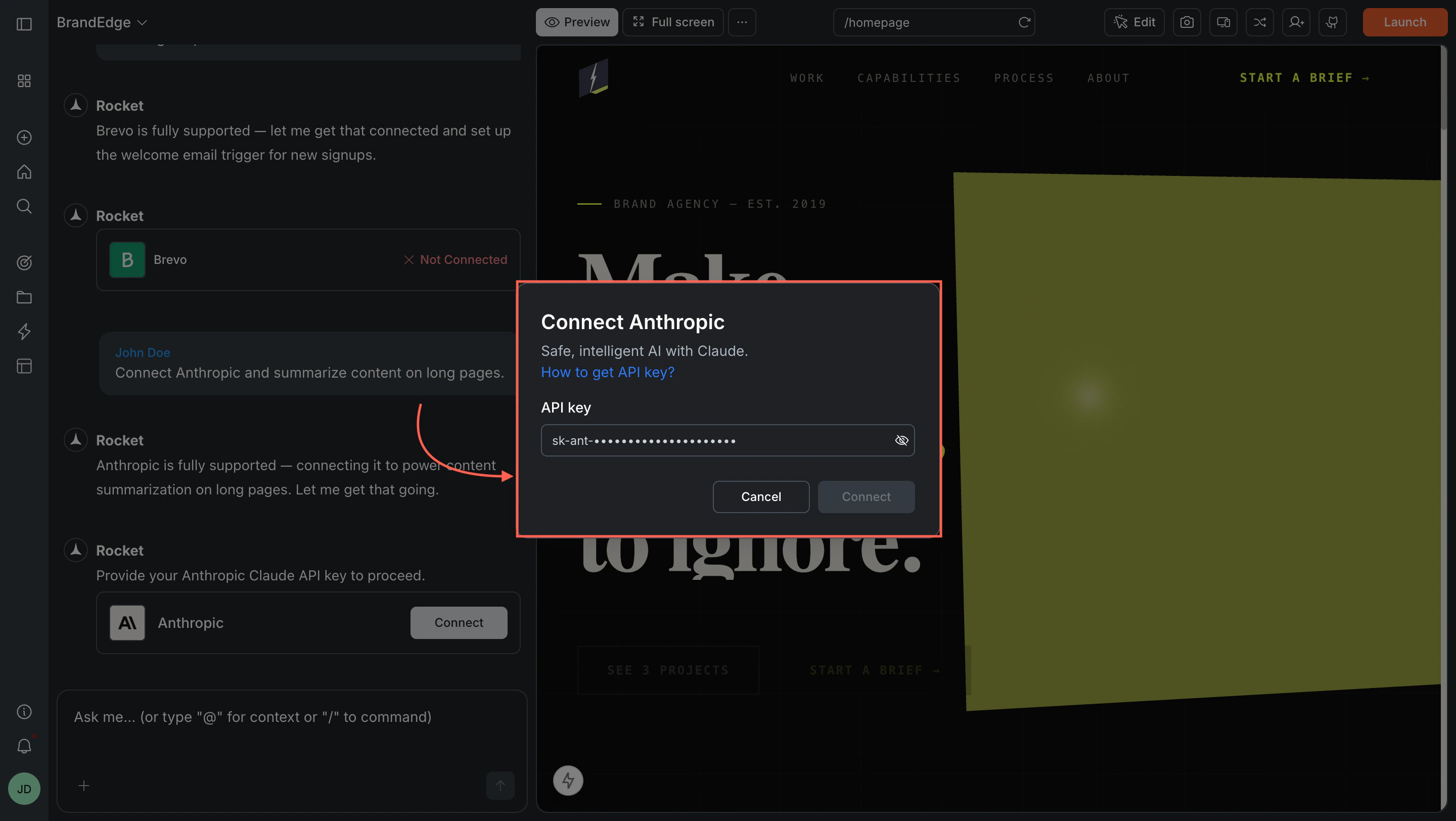 Connect Anthropic popup with an API key input field.