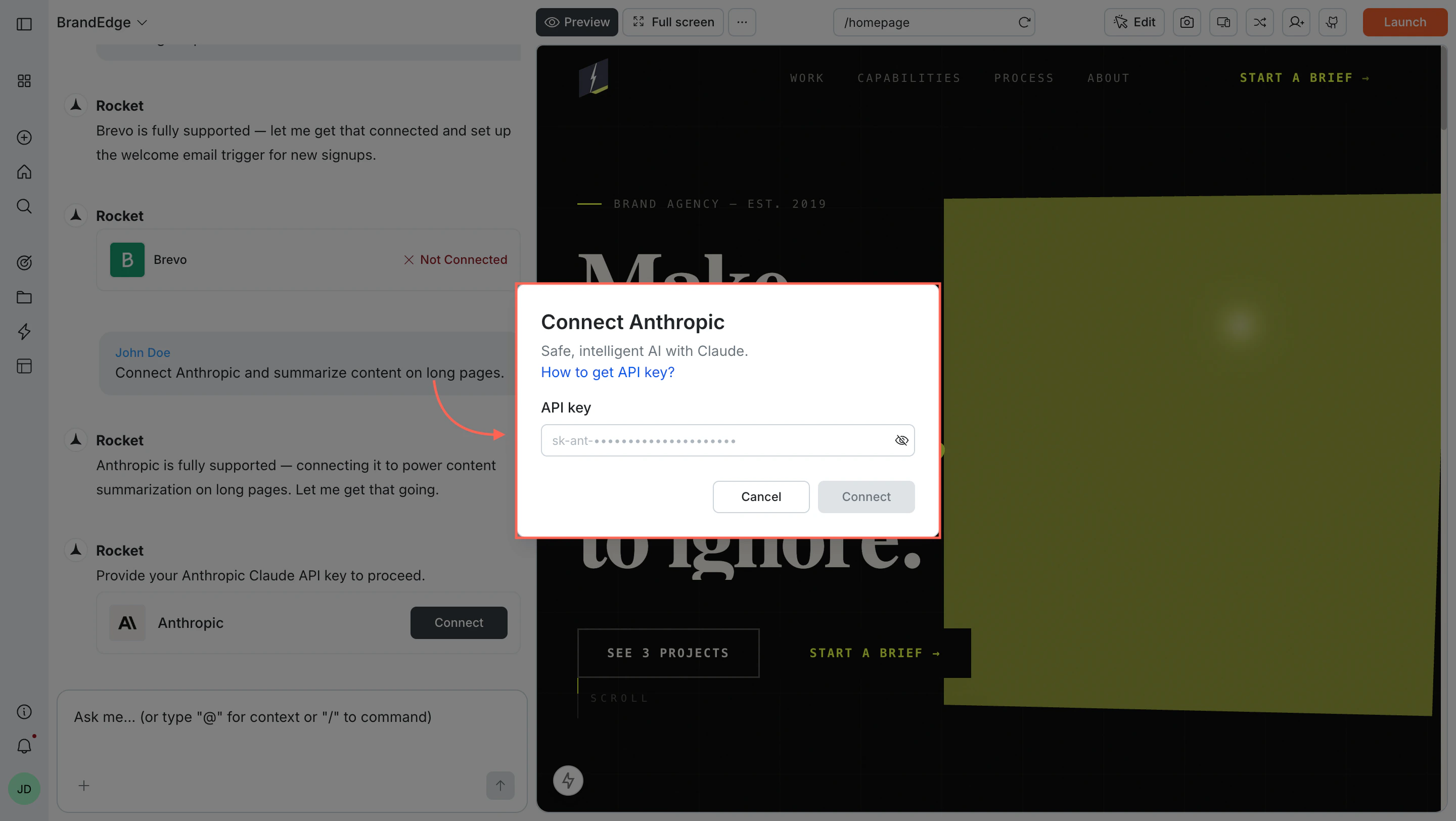 Connect Anthropic popup with an API key input field.