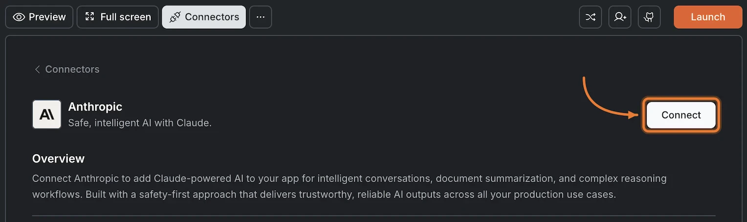 Connectors panel showing the Anthropic card with a Connect button.