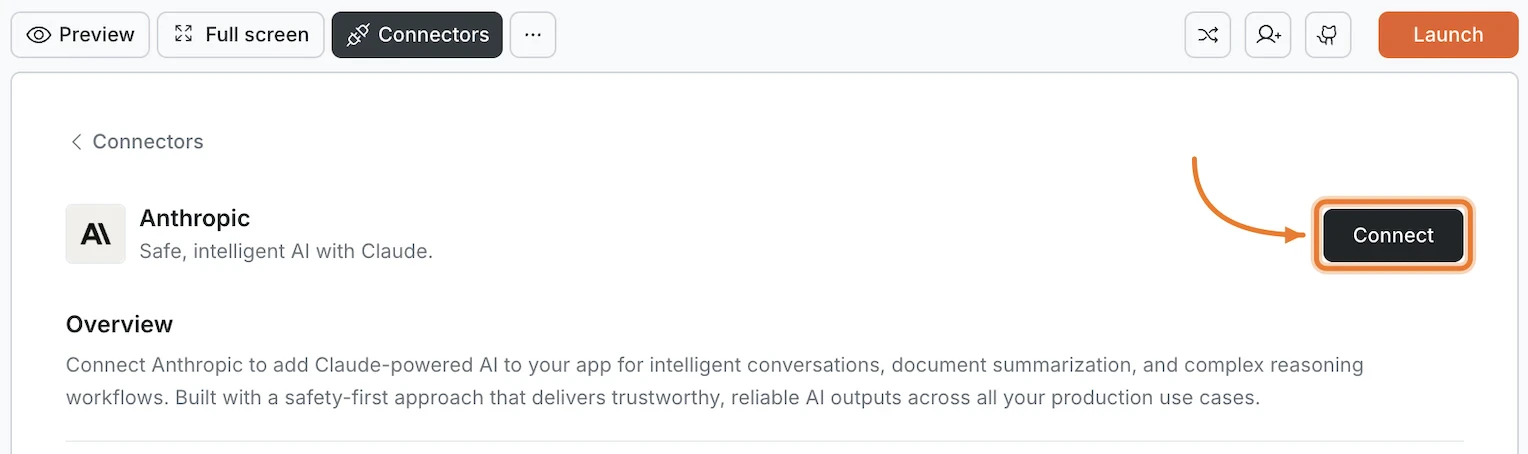 Connectors panel showing the Anthropic card with a Connect button.