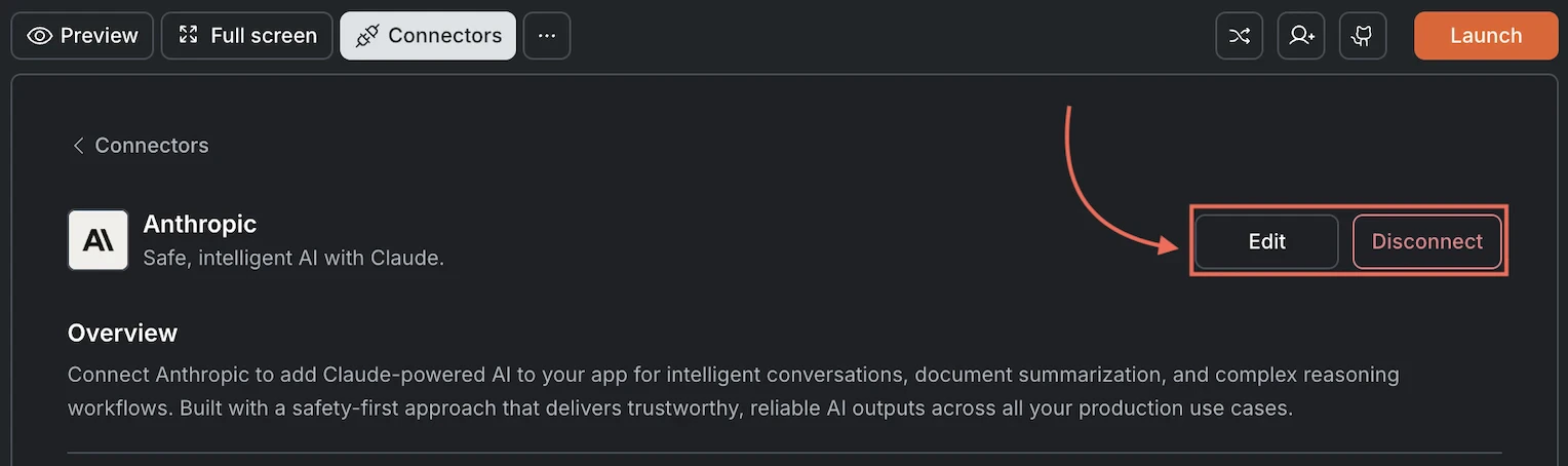 Anthropic card showing Edit and Disconnect buttons.