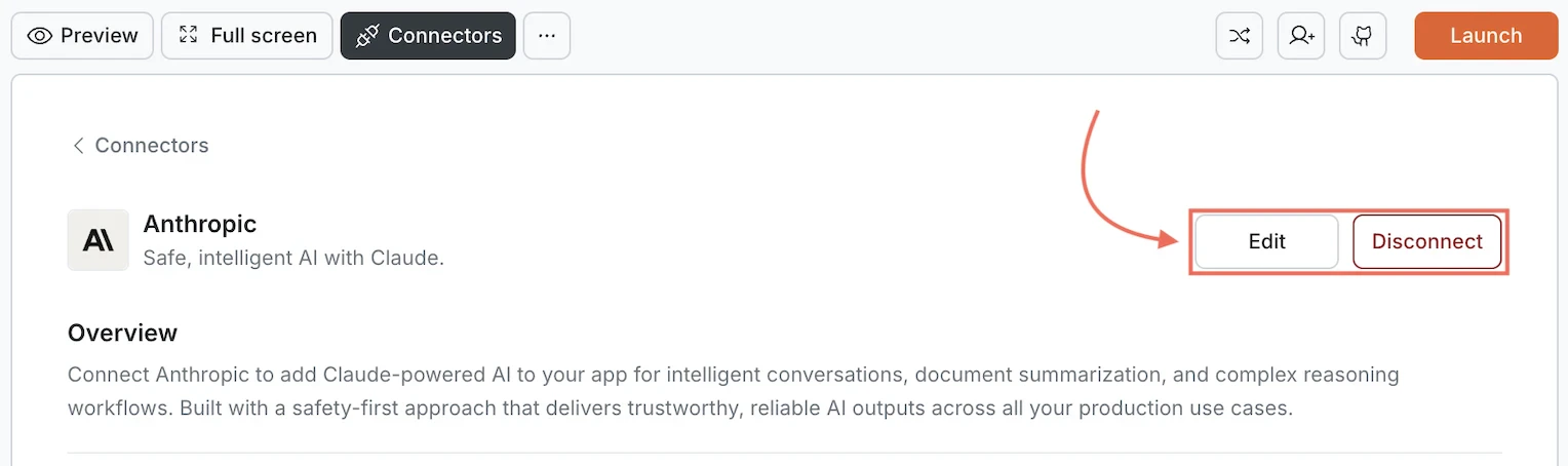 Anthropic card showing Edit and Disconnect buttons.