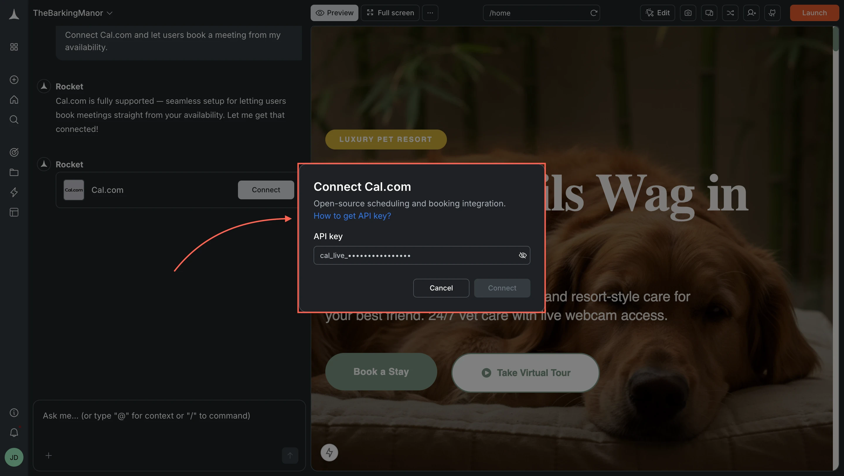 Connect Cal.com popup showing an API key input field.