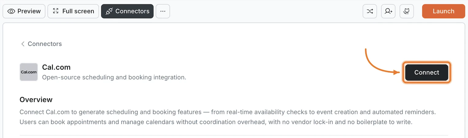 Connectors panel showing the Cal.com card with a Connect button.