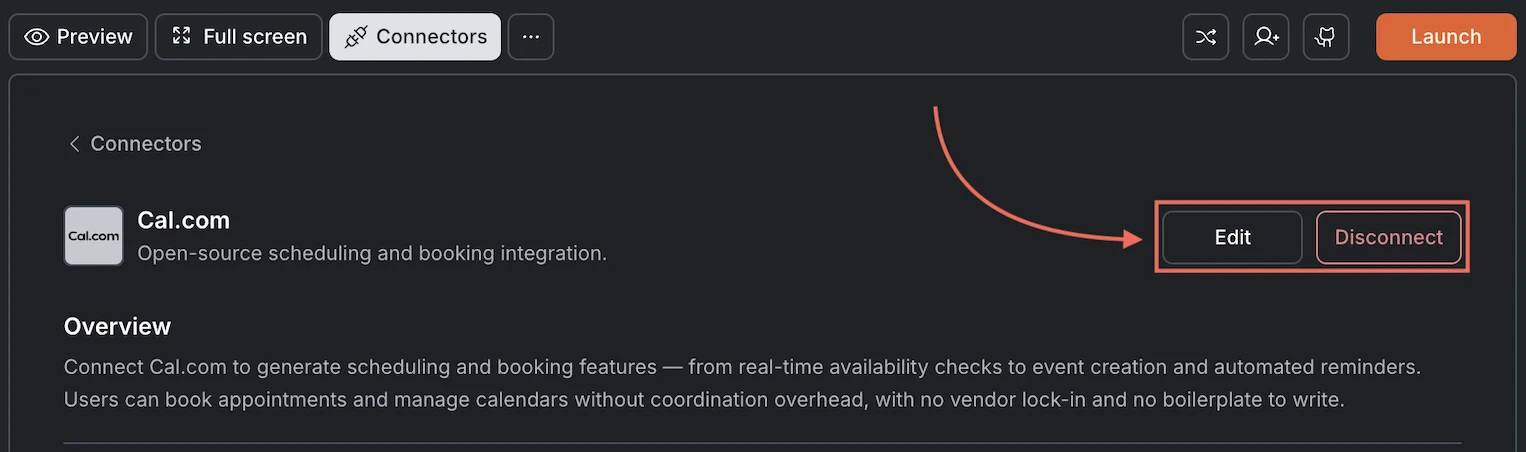 Cal.com card showing Edit and Disconnect buttons.