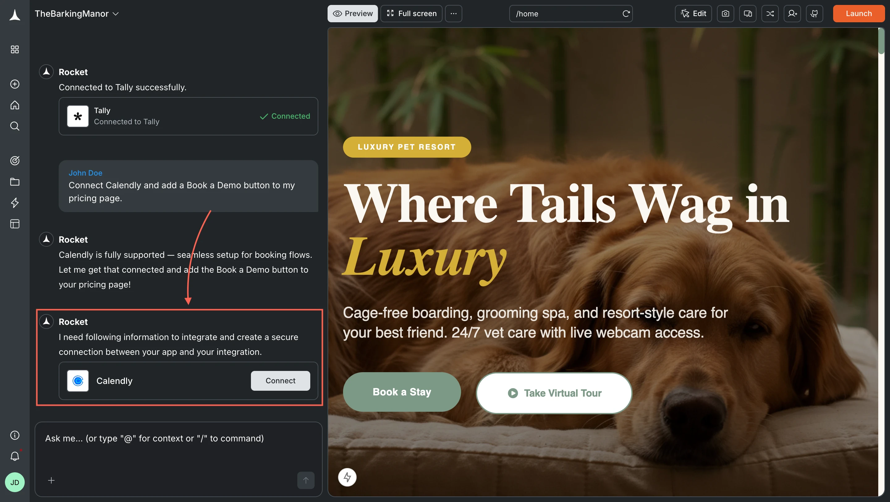 Rocket chat panel showing a Connect prompt for Calendly.