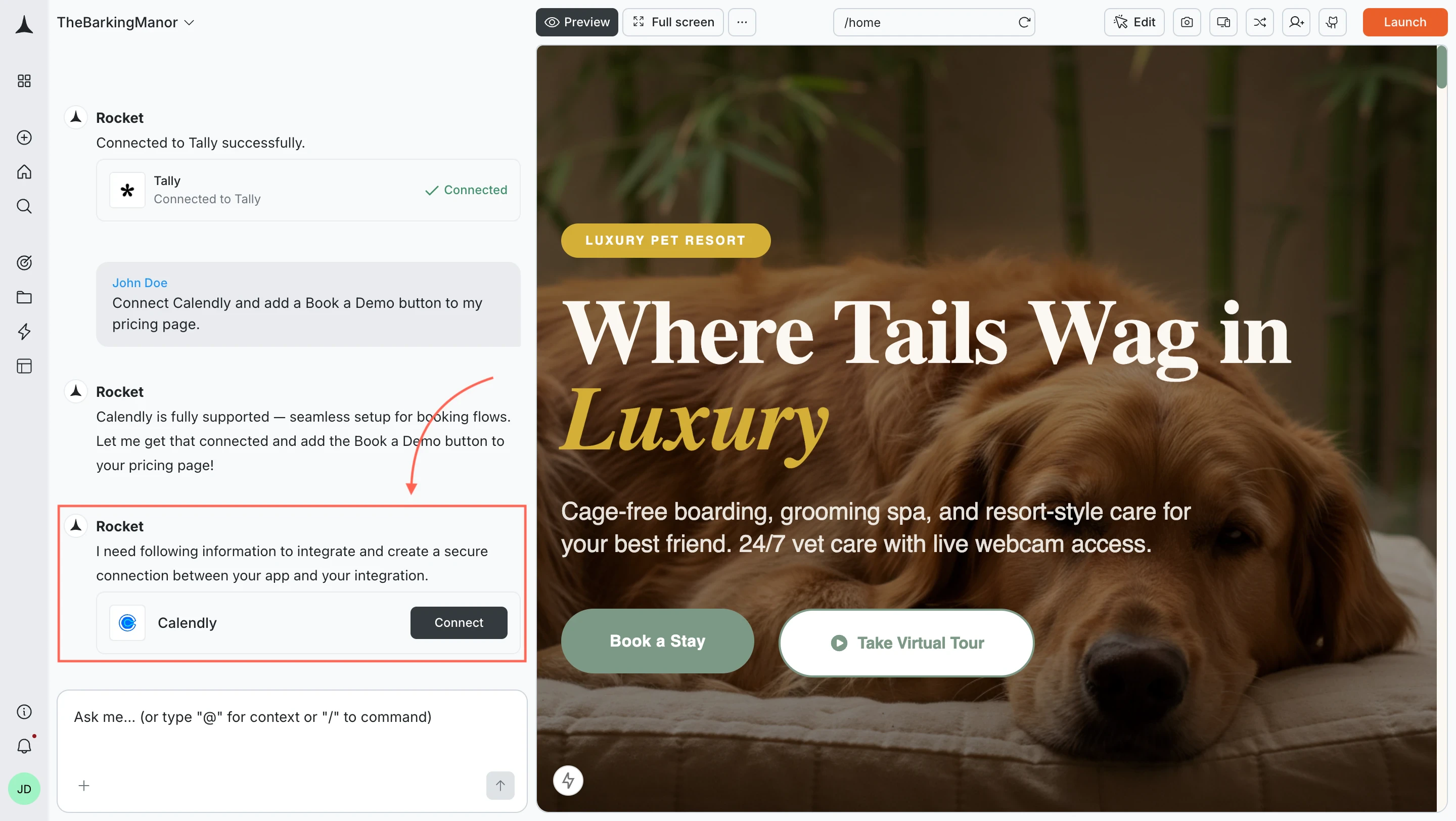 Rocket chat panel showing a Connect prompt for Calendly.