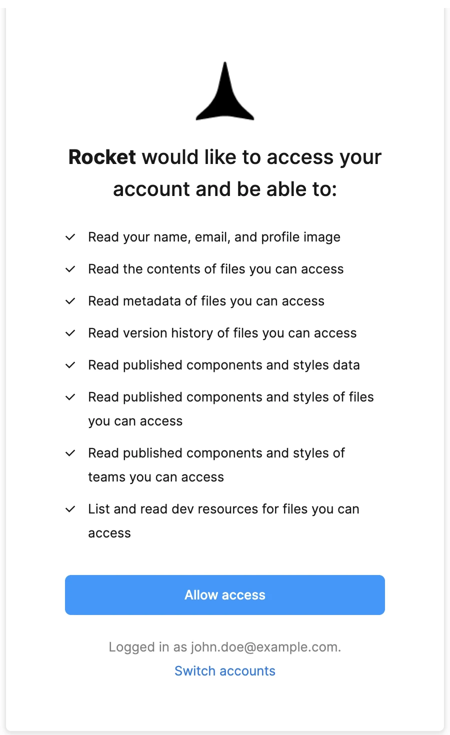 Figma OAuth screen showing permissions Rocket is requesting.