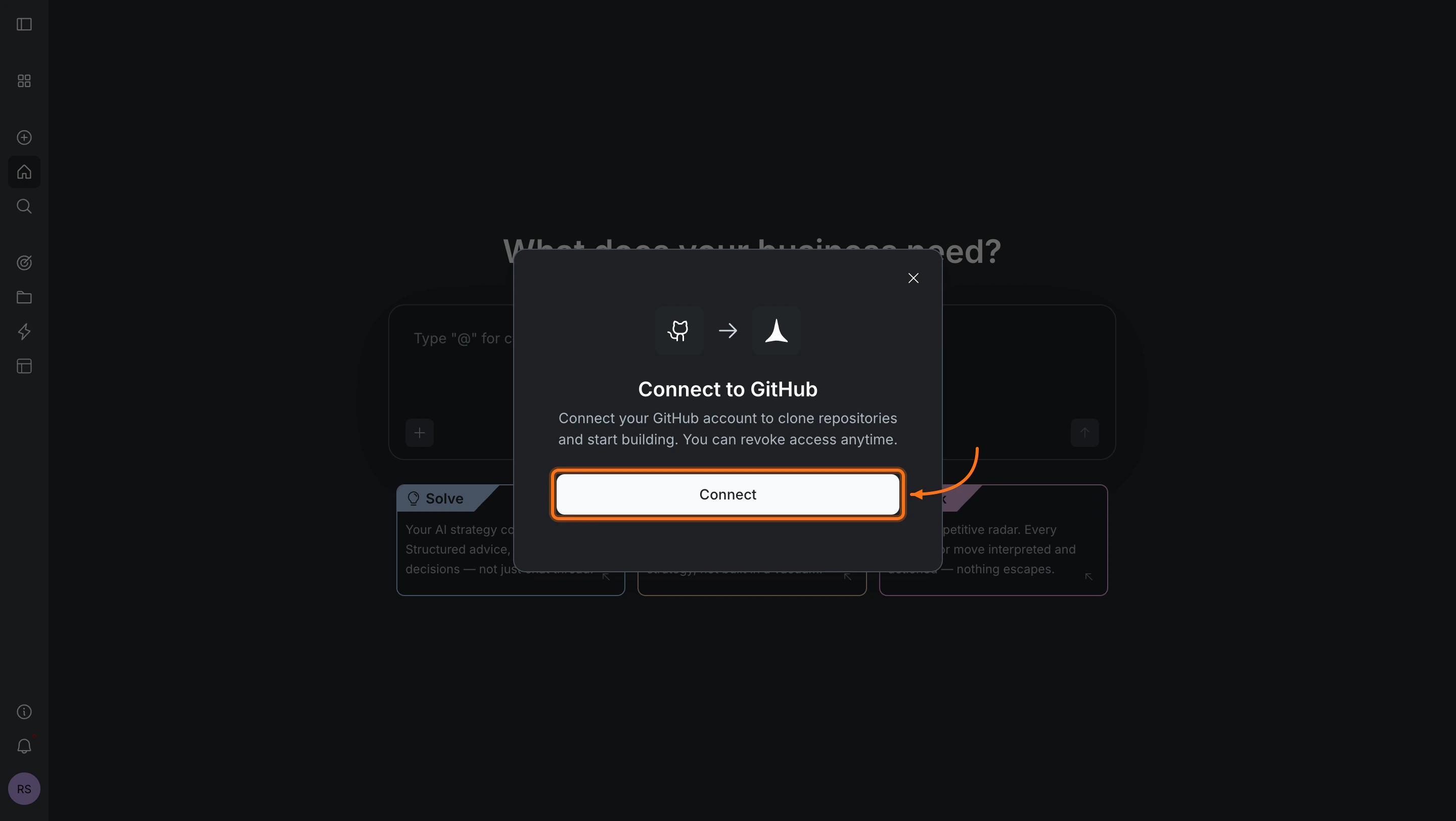 Connect to GitHub dialog with a Connect button.