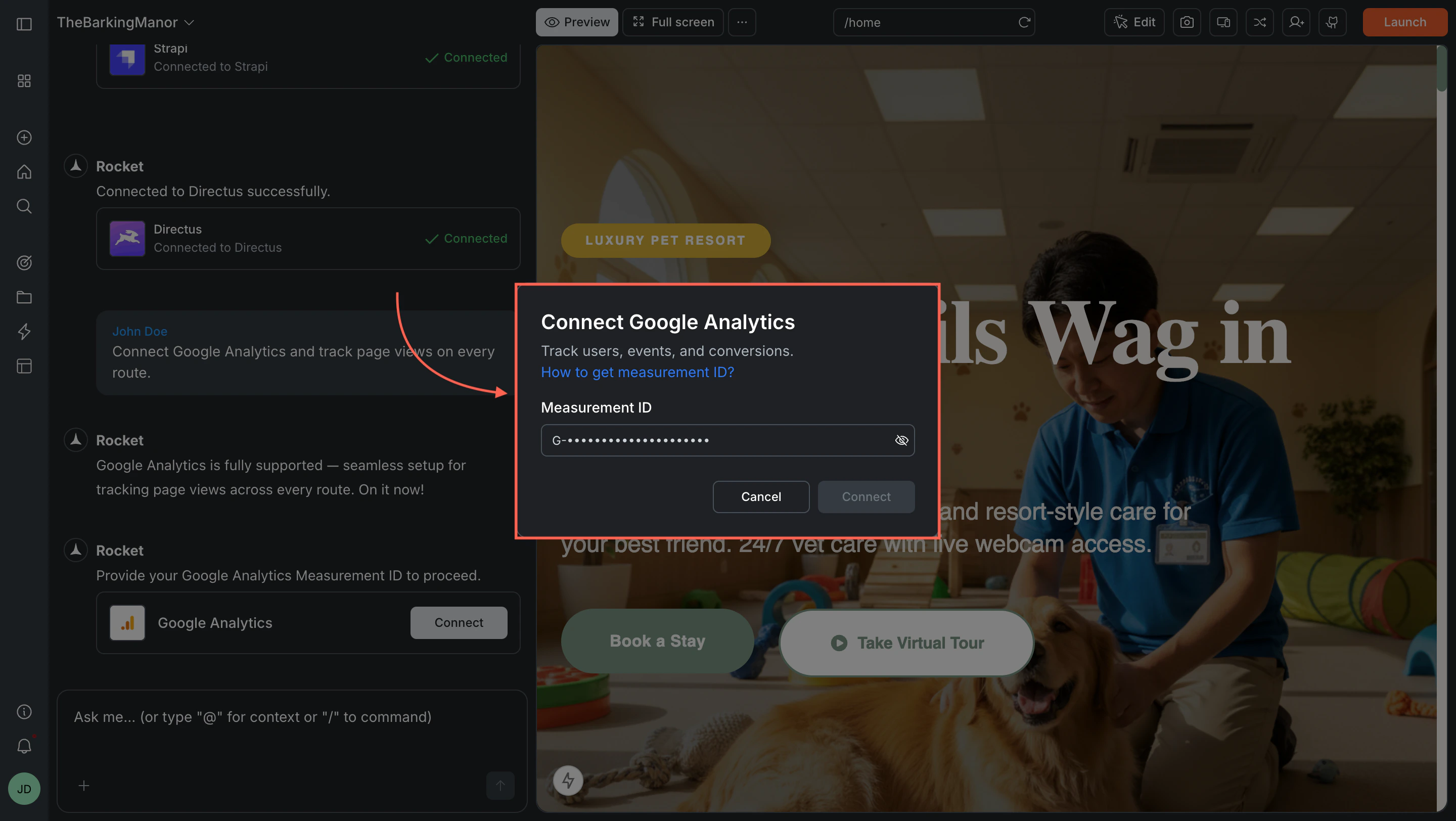 Connect Google Analytics popup with Measurement ID field.