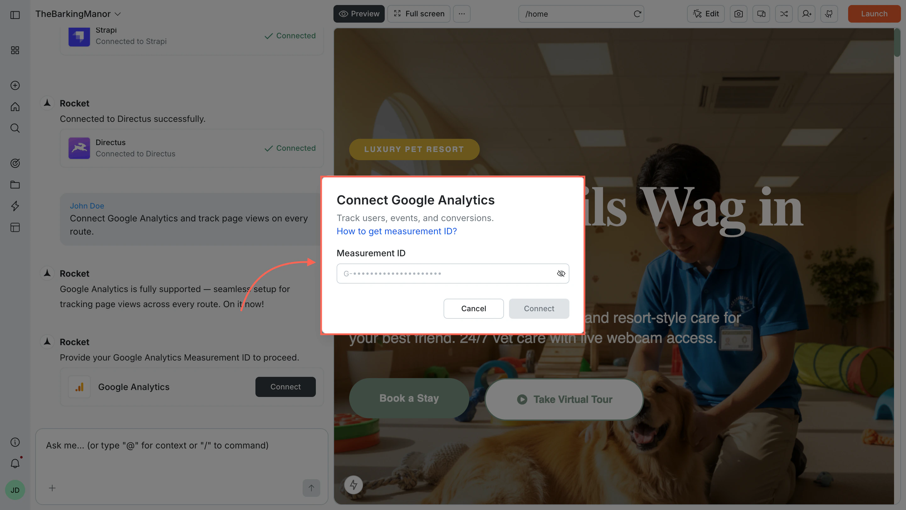 Connect Google Analytics popup with Measurement ID field.