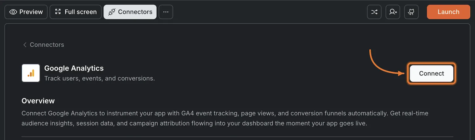 Connectors panel showing the Google Analytics card with a Connect button.