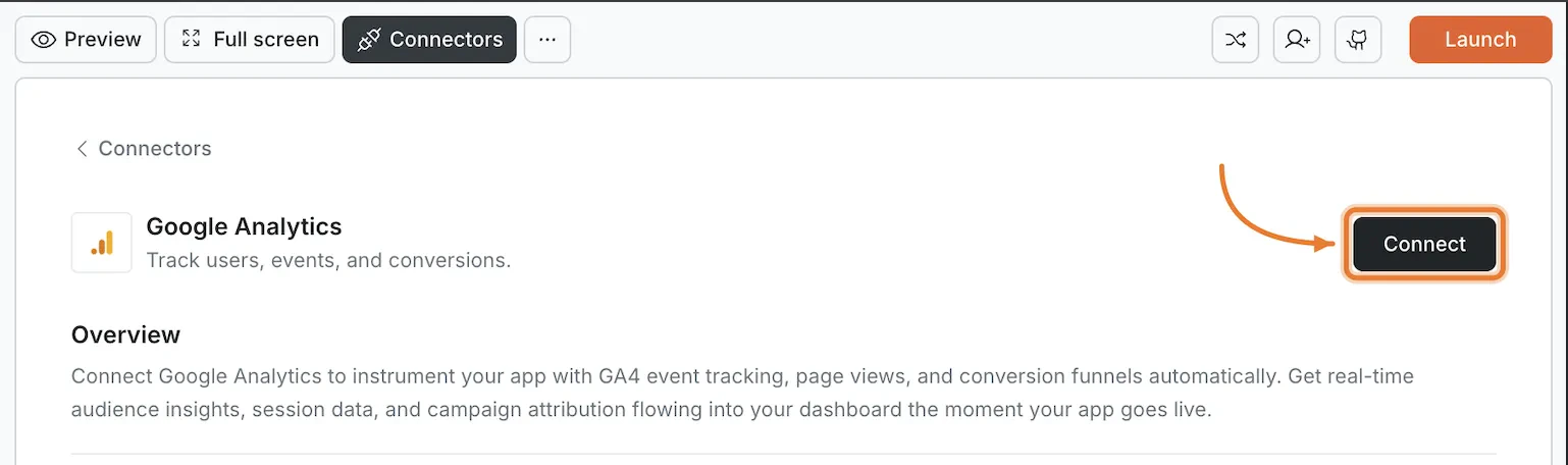 Connectors panel showing the Google Analytics card with a Connect button.