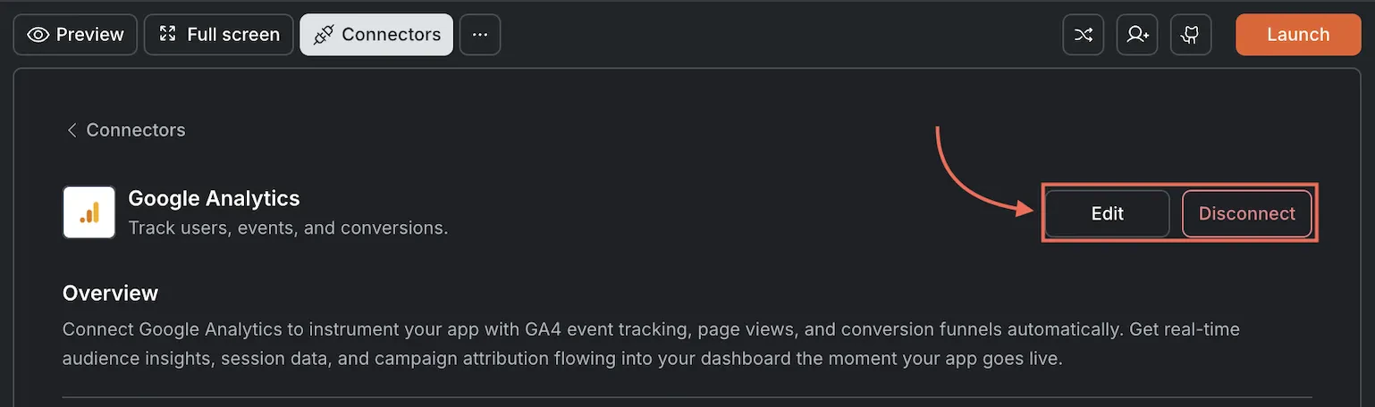 Google Analytics card showing Edit and Disconnect buttons.