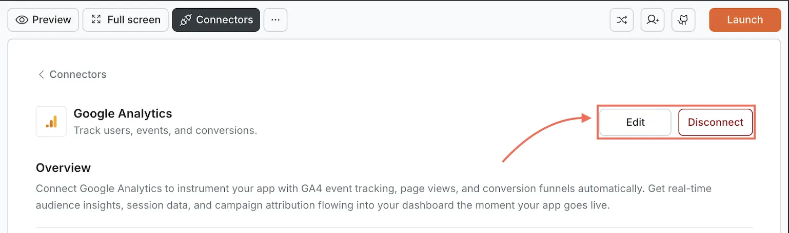 Google Analytics card showing Edit and Disconnect buttons.