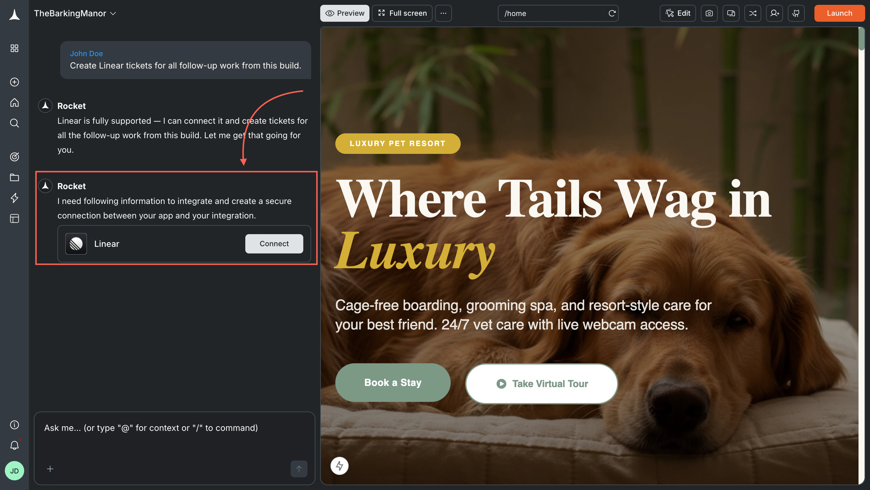 Rocket chat panel showing a Connect prompt for Linear.
