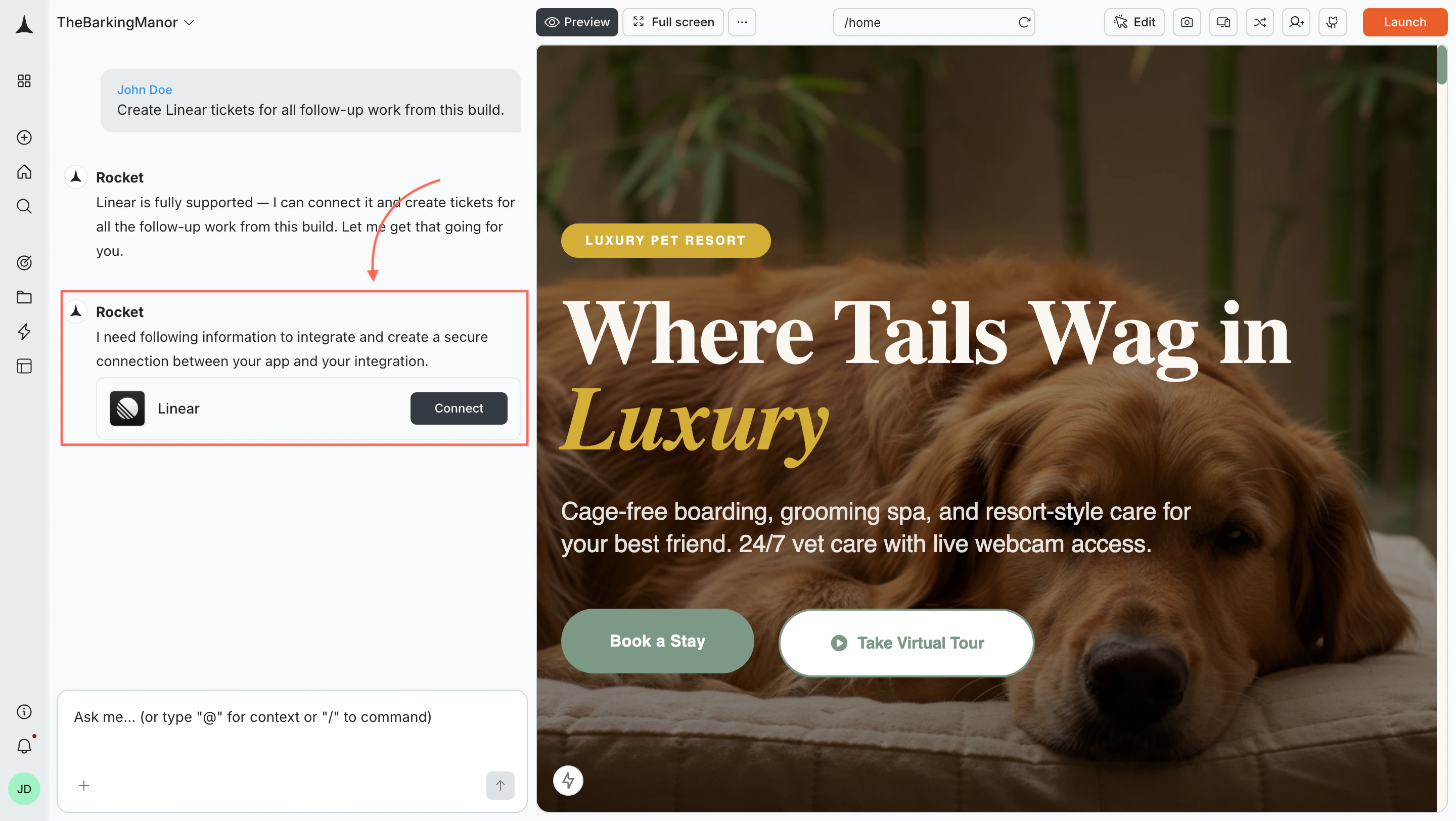 Rocket chat panel showing a Connect prompt for Linear.