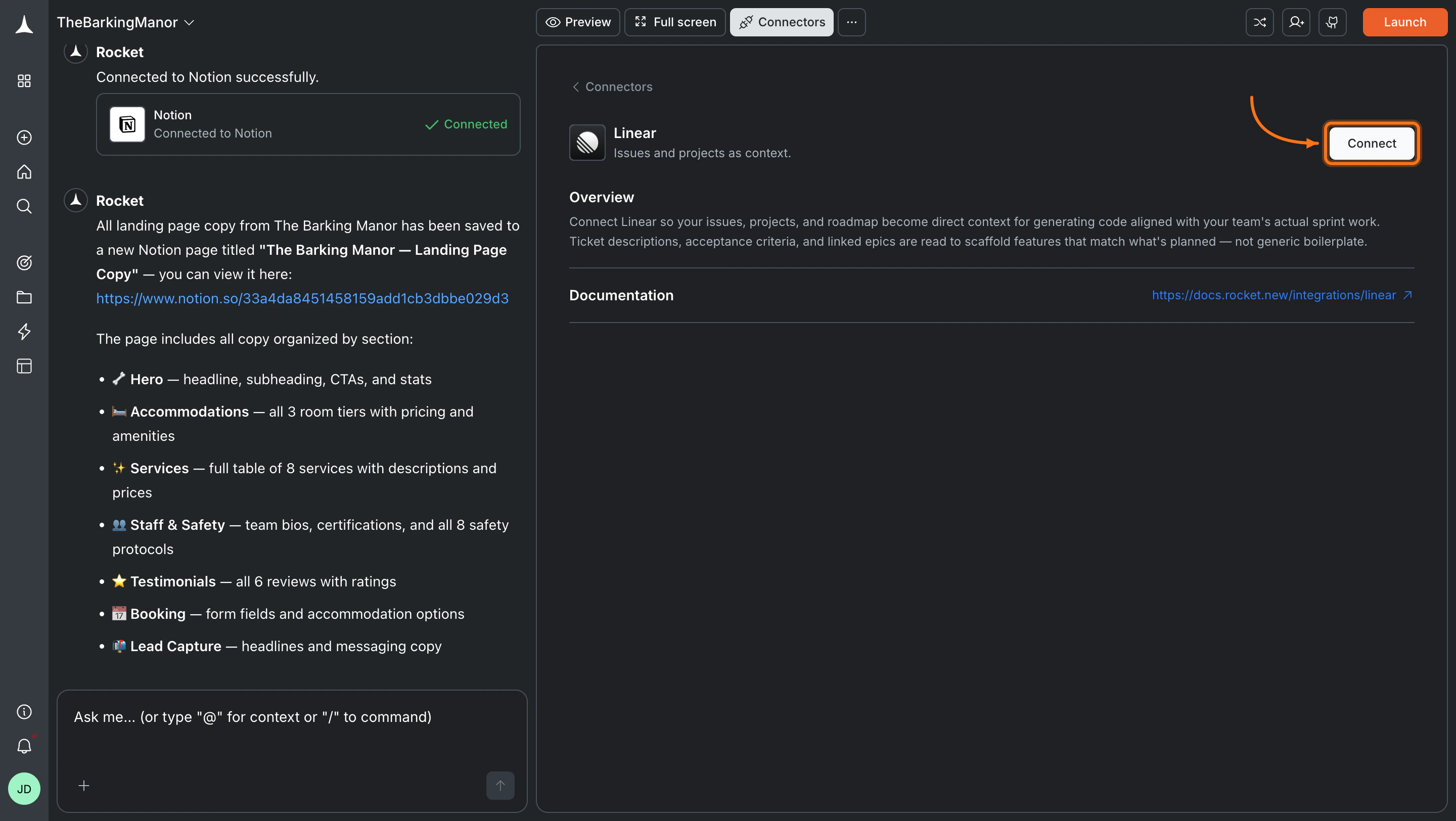 Connectors panel showing the Linear card with a Connect button.