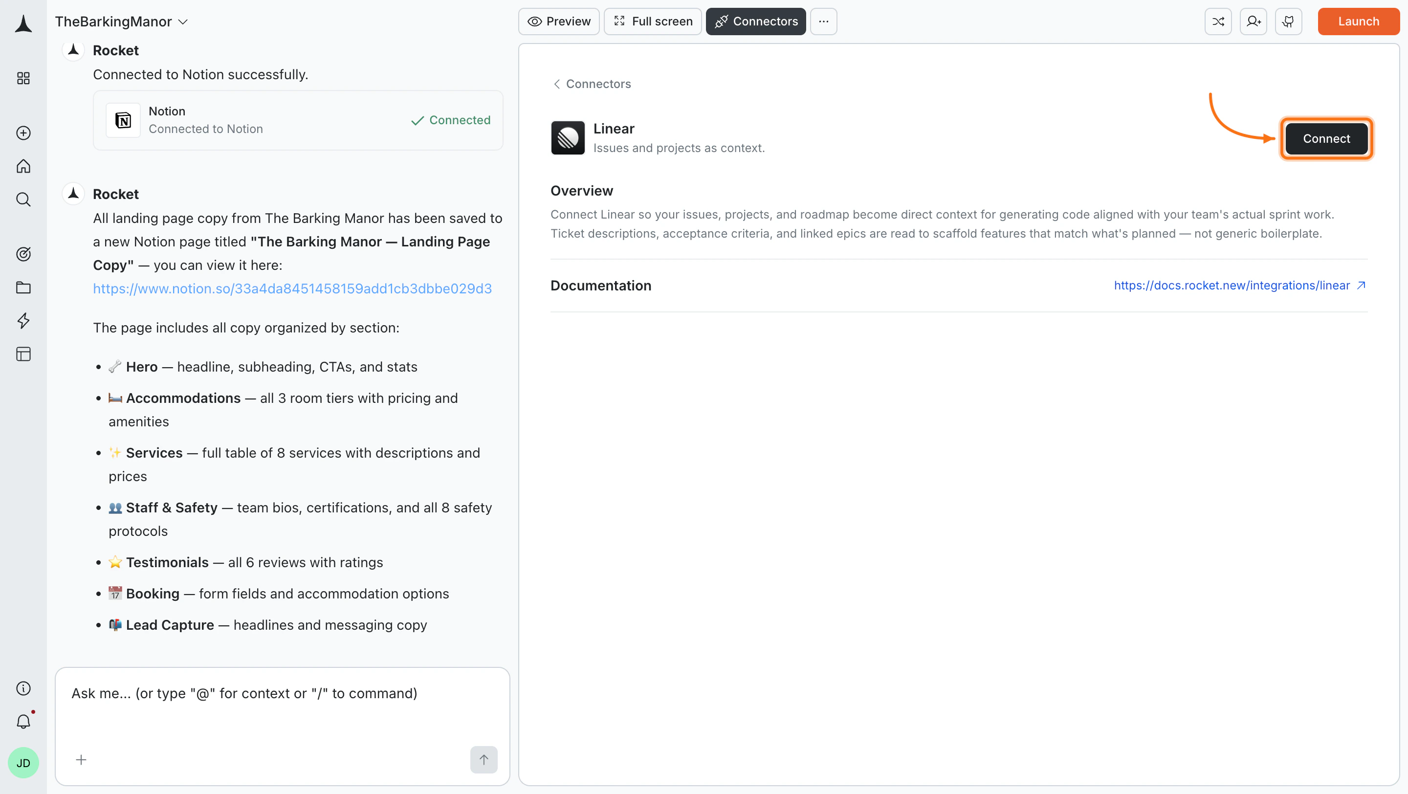 Connectors panel showing the Linear card with a Connect button.