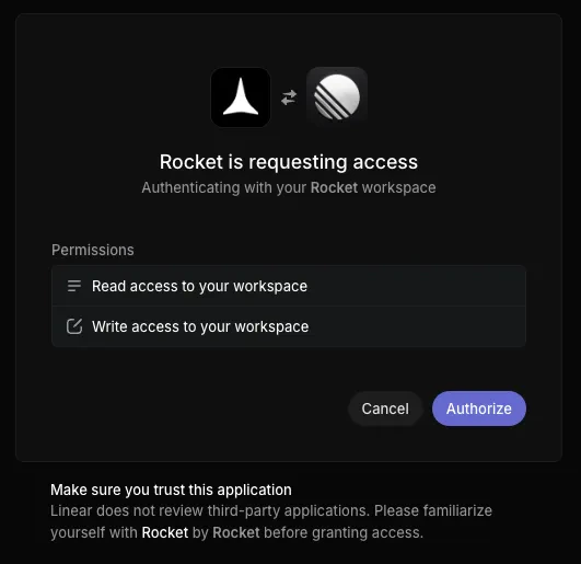 Linear OAuth screen showing Rocket requesting read and write access to your workspace.
