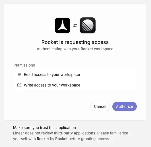 Linear OAuth screen showing Rocket requesting read and write access to your workspace.
