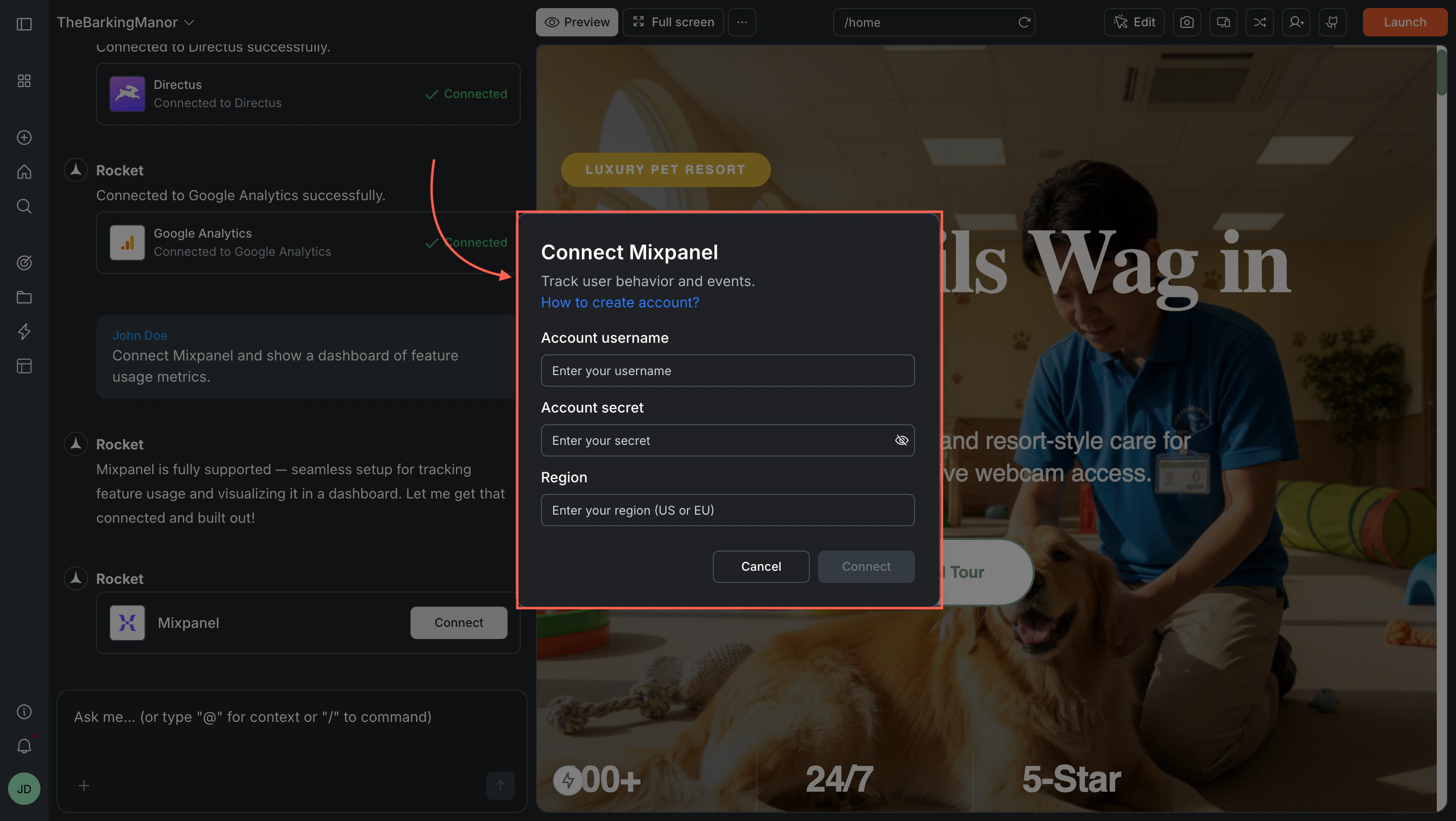 Connect Mixpanel popup with Account username, Account secret, and Region fields.
