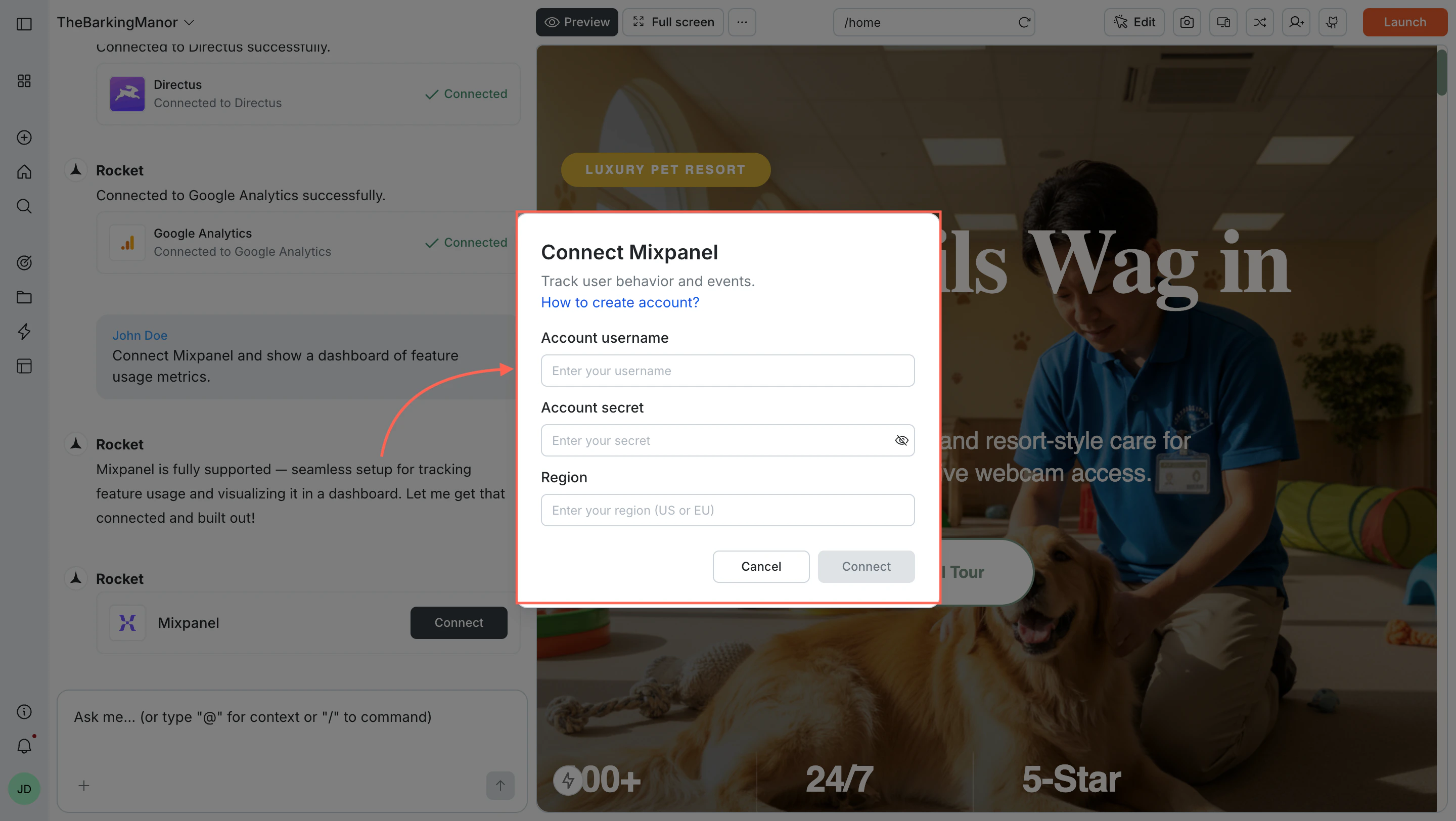 Connect Mixpanel popup with Account username, Account secret, and Region fields.