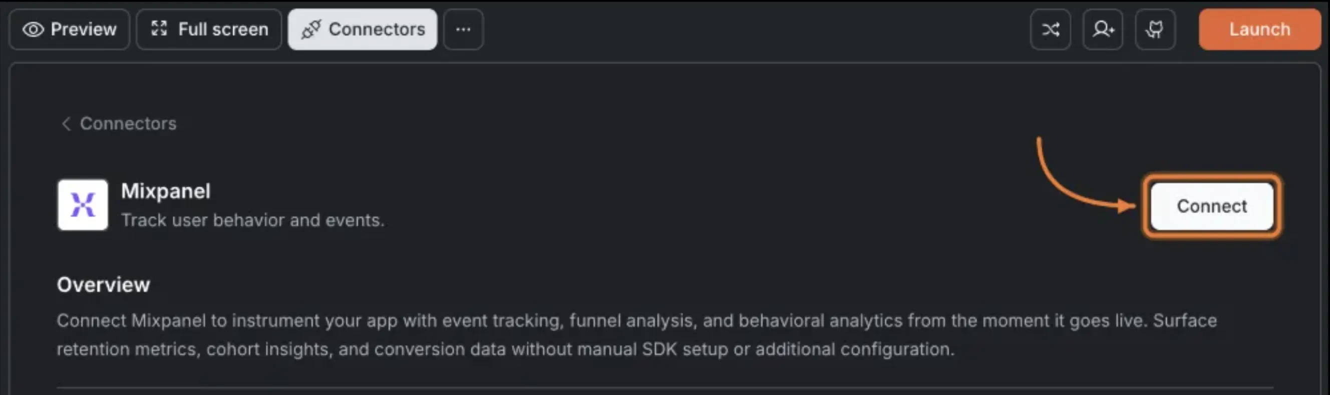 Connectors panel showing the Mixpanel card with a Connect button.