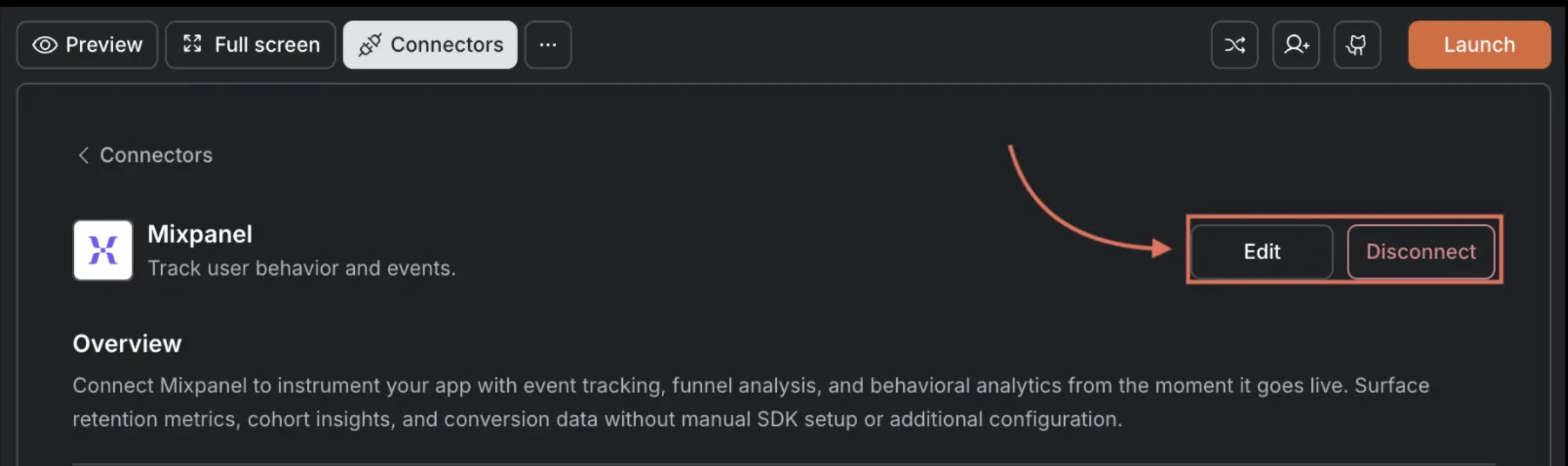 Mixpanel card showing Edit and Disconnect buttons.