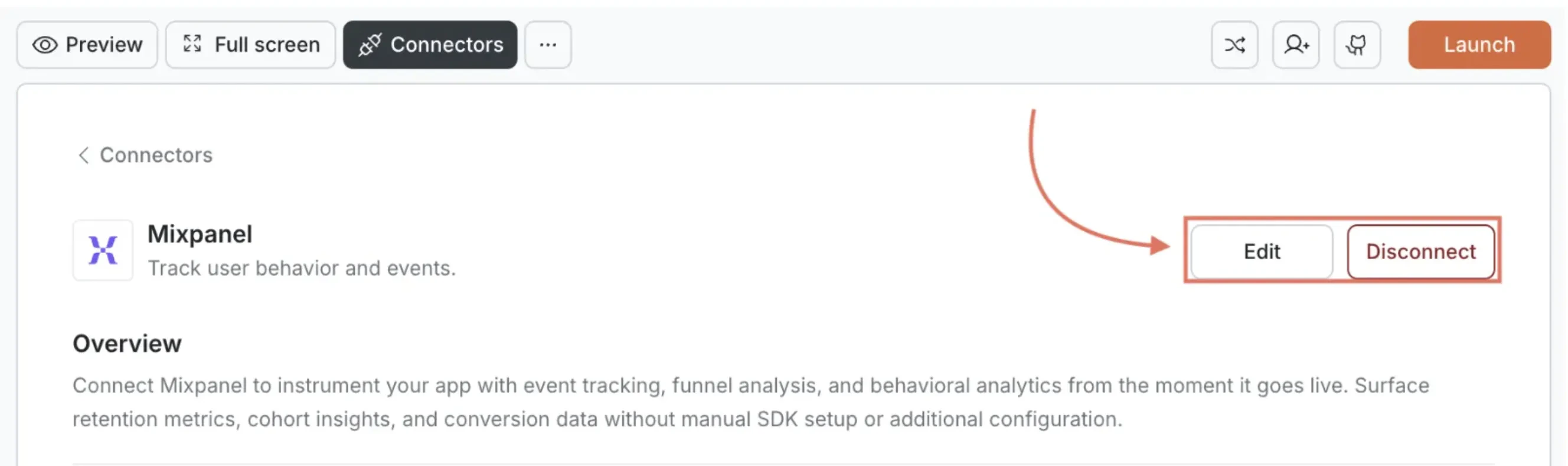 Mixpanel card showing Edit and Disconnect buttons.