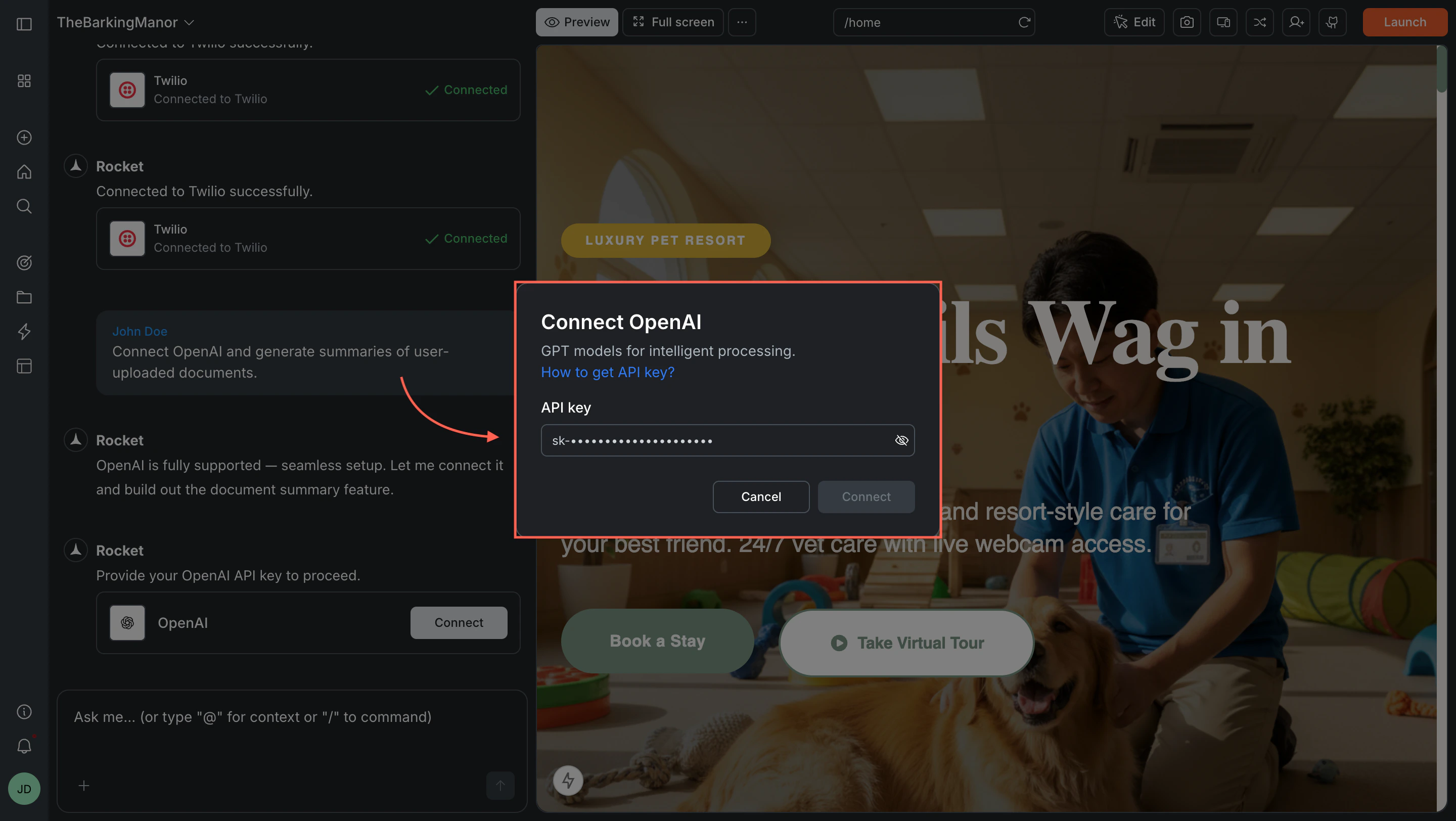Connect OpenAI popup with an API key input field.