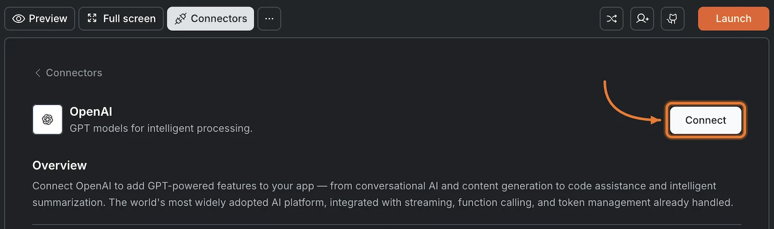 Connectors panel showing the OpenAI card with a Connect button.