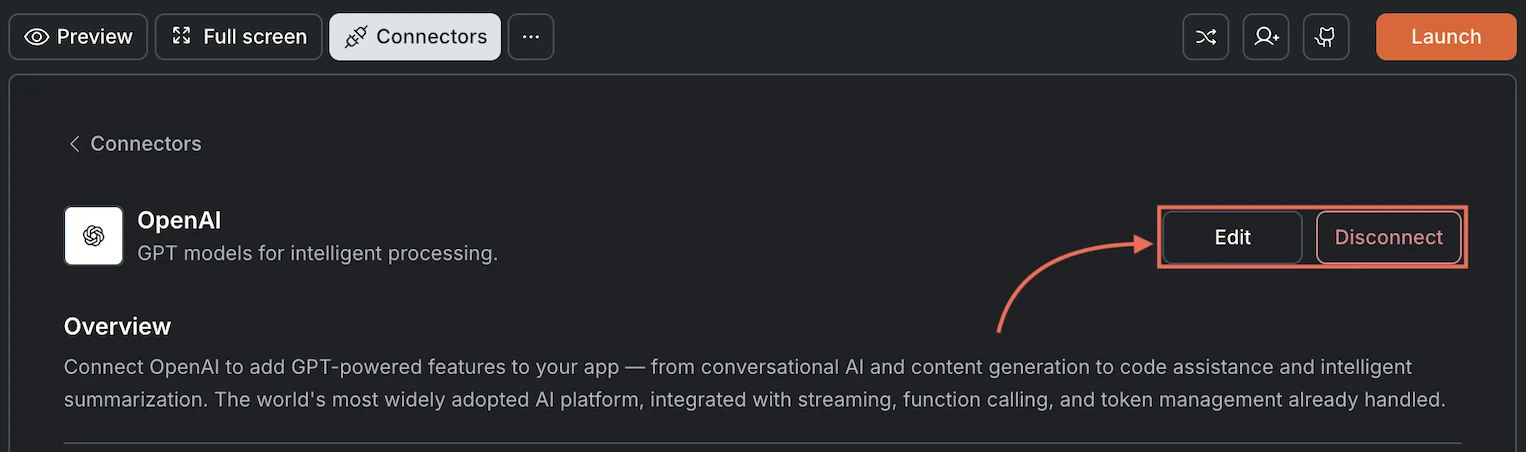 OpenAI card showing Edit and Disconnect buttons.