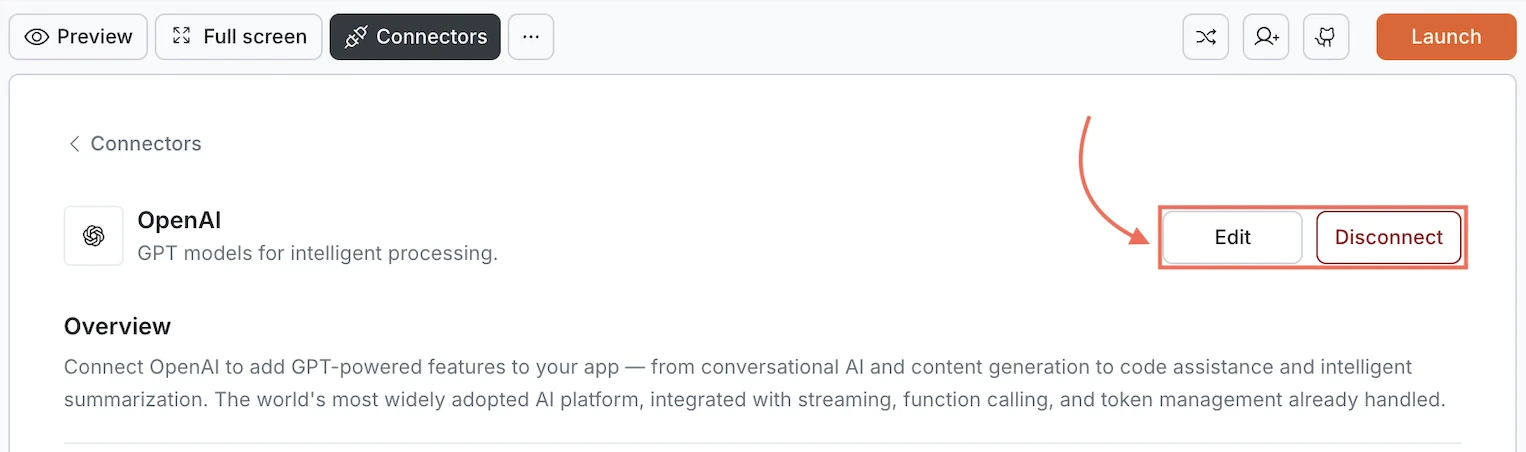 OpenAI card showing Edit and Disconnect buttons.
