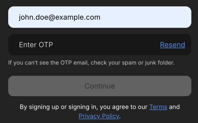 OTP verification screen with input field and Continue button.