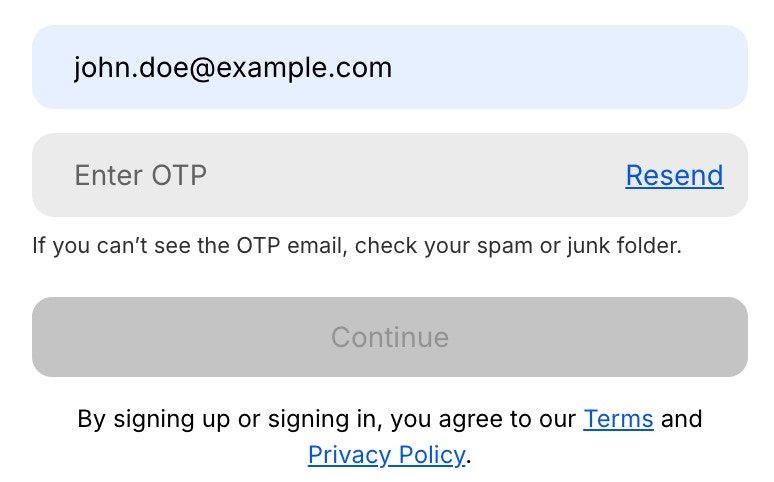 OTP verification screen with input field and Continue button.
