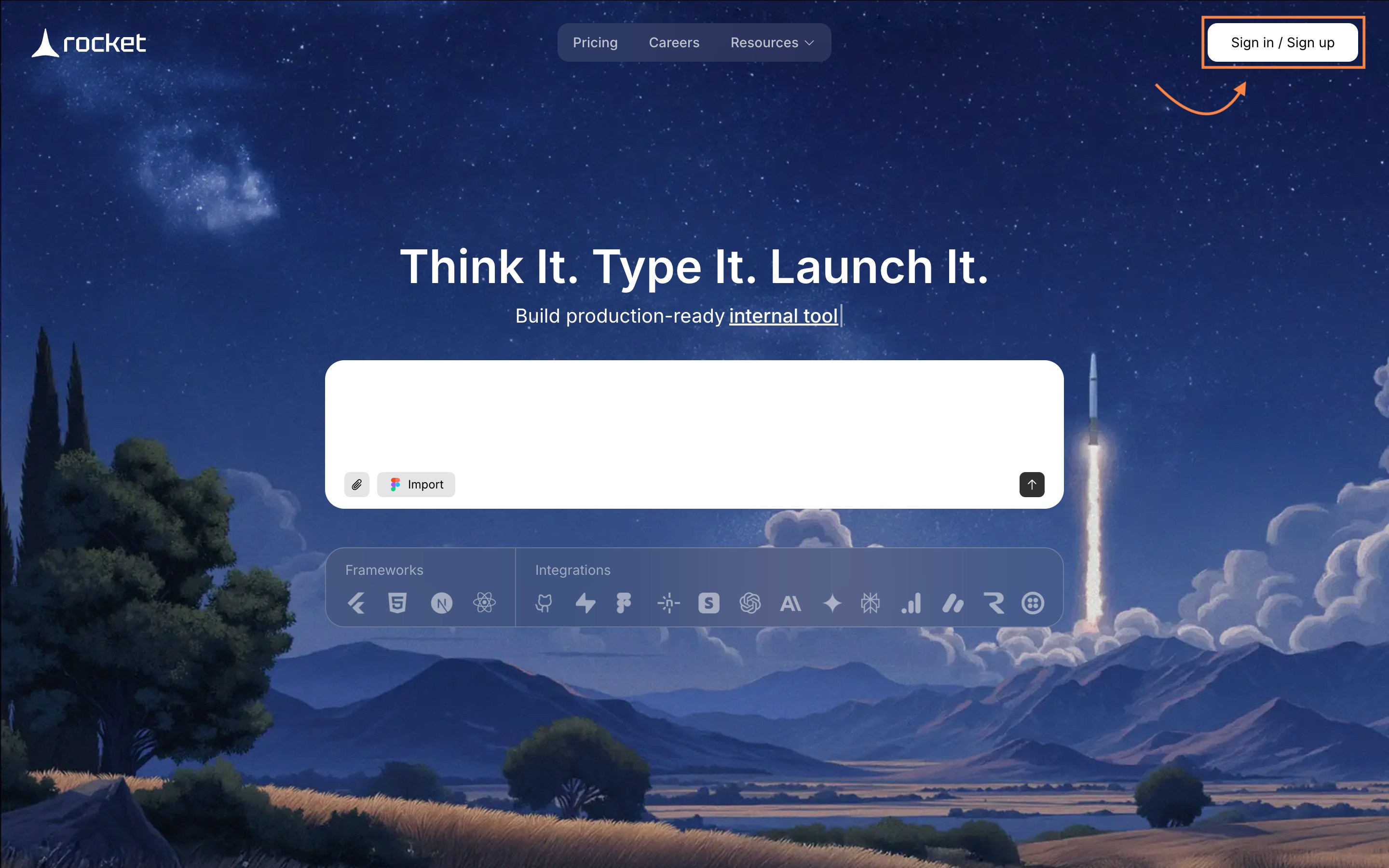 Rocket homepage highlighting the 'Sign in / Sign up' button in the top-right corner.