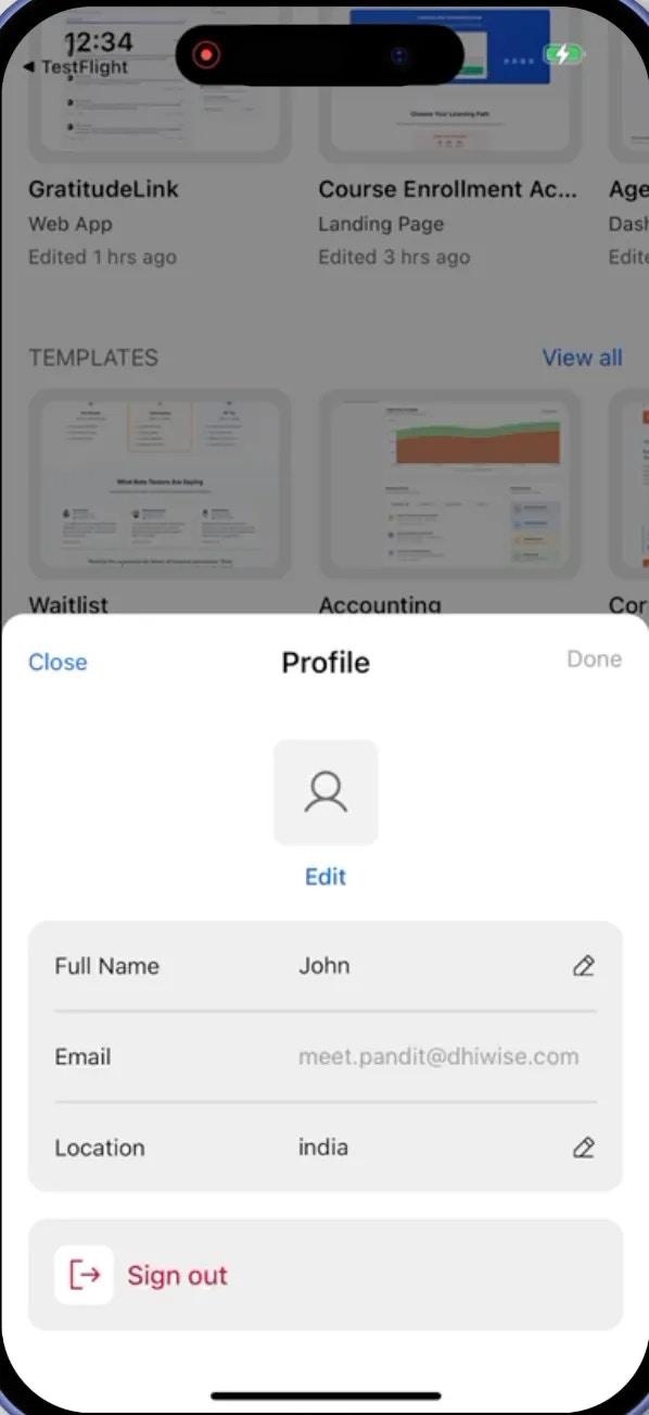 Profile modal showing user details with Close and Done buttons.