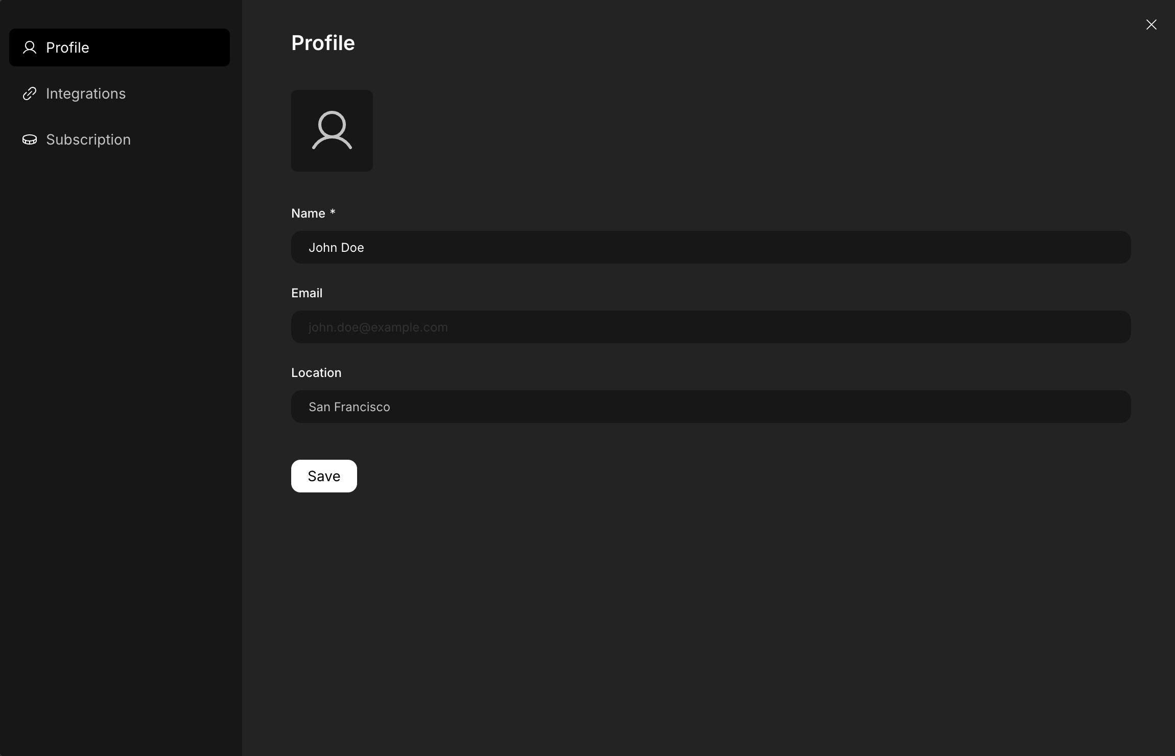 Profile settings form in dark mode.