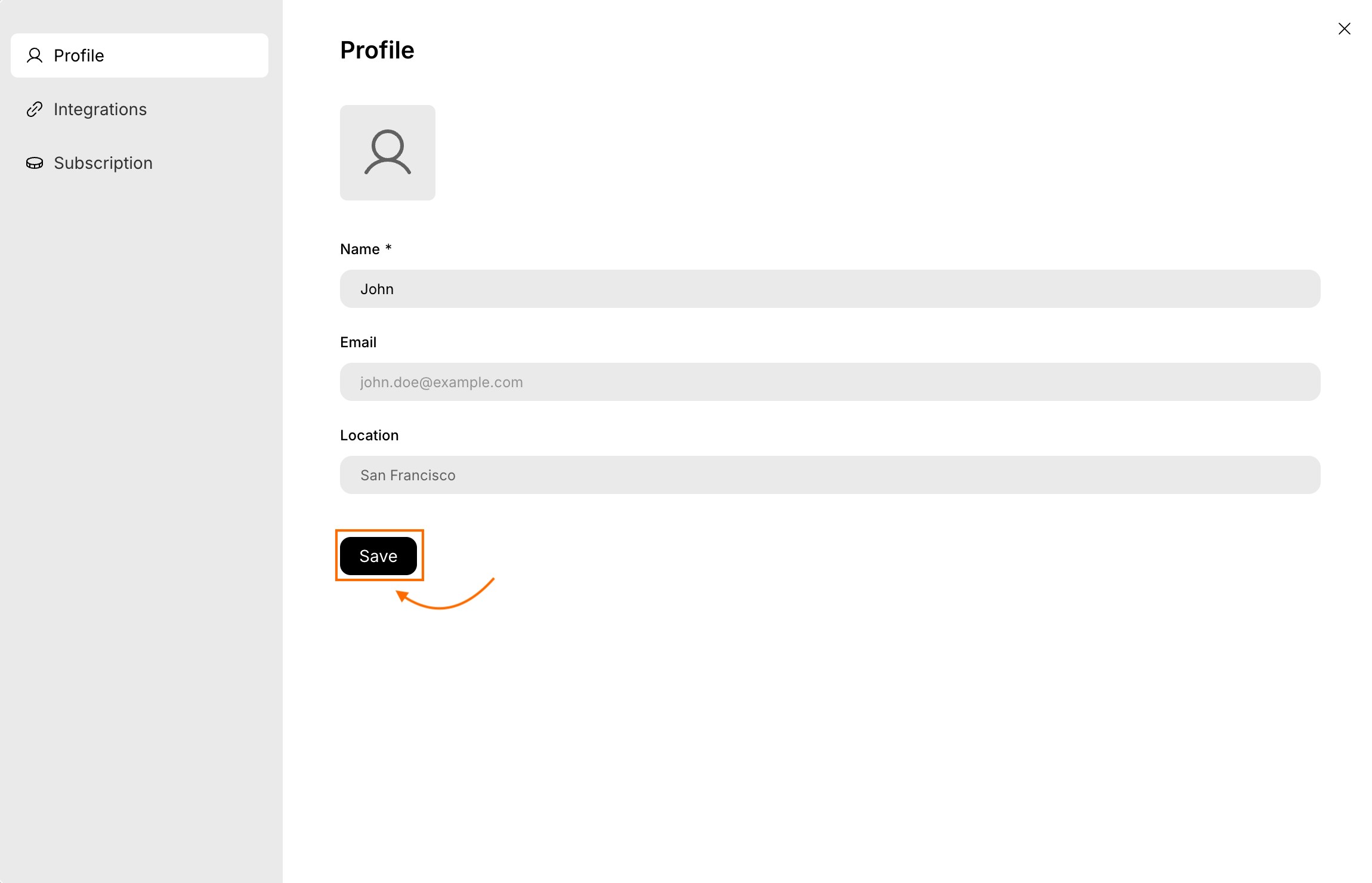 Save button highlighted in profile settings.
