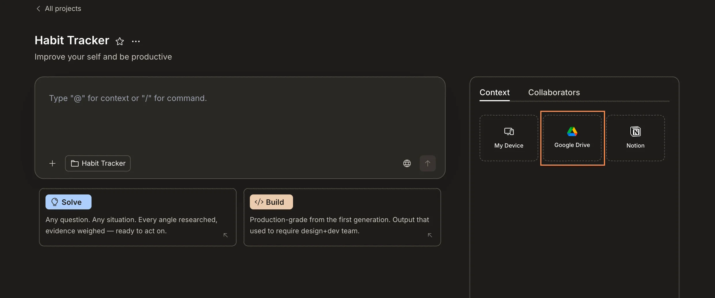Context panel with Google Drive highlighted.