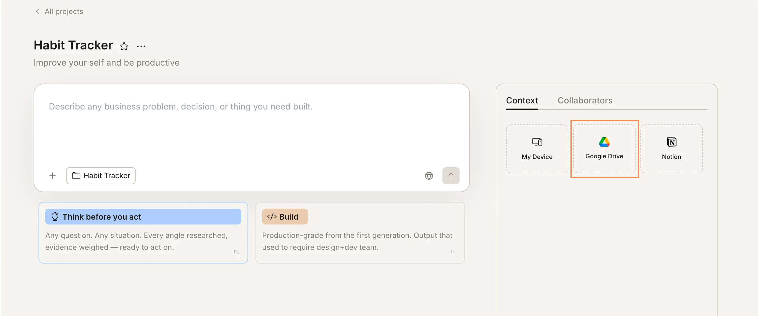 Context panel with Google Drive highlighted.