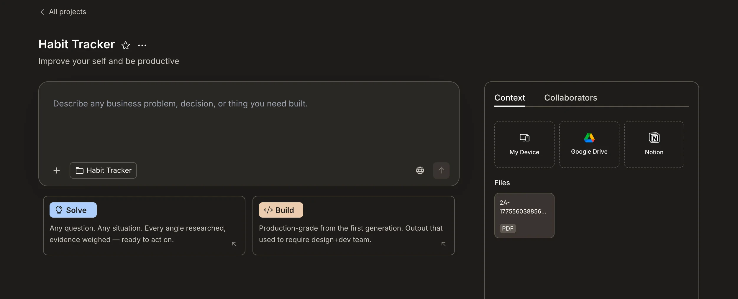 Context panel showing an uploaded PDF in the Files section.
