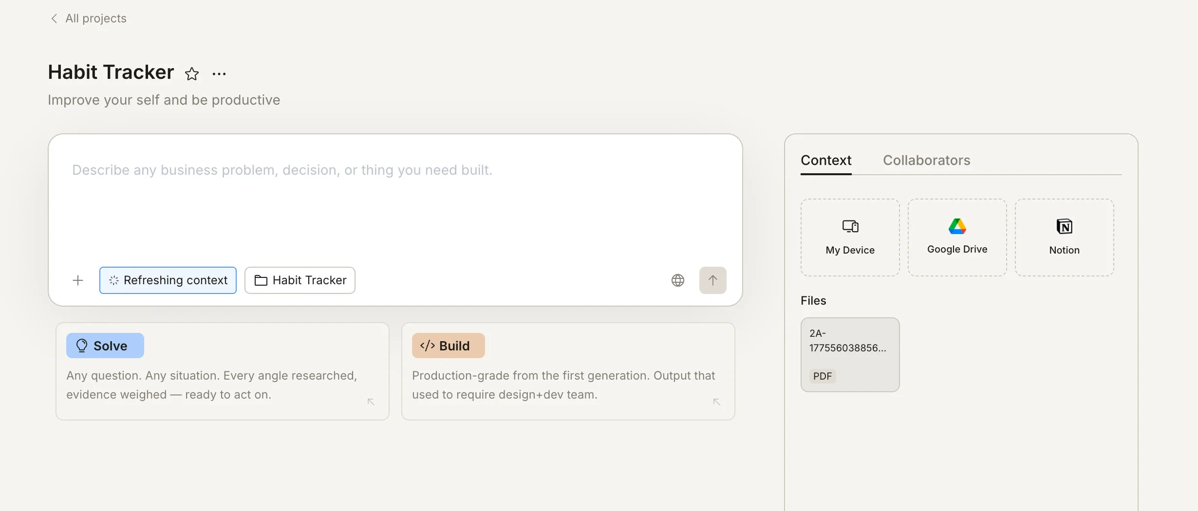 Context panel showing an uploaded PDF in the Files section.