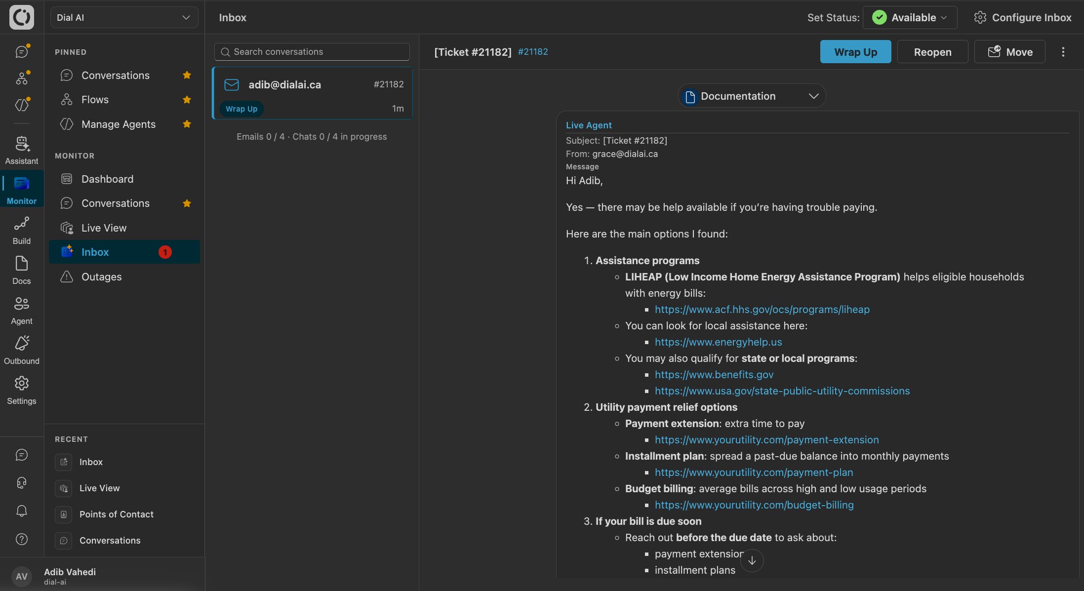AI email agent answering an inbound email (dark mode)