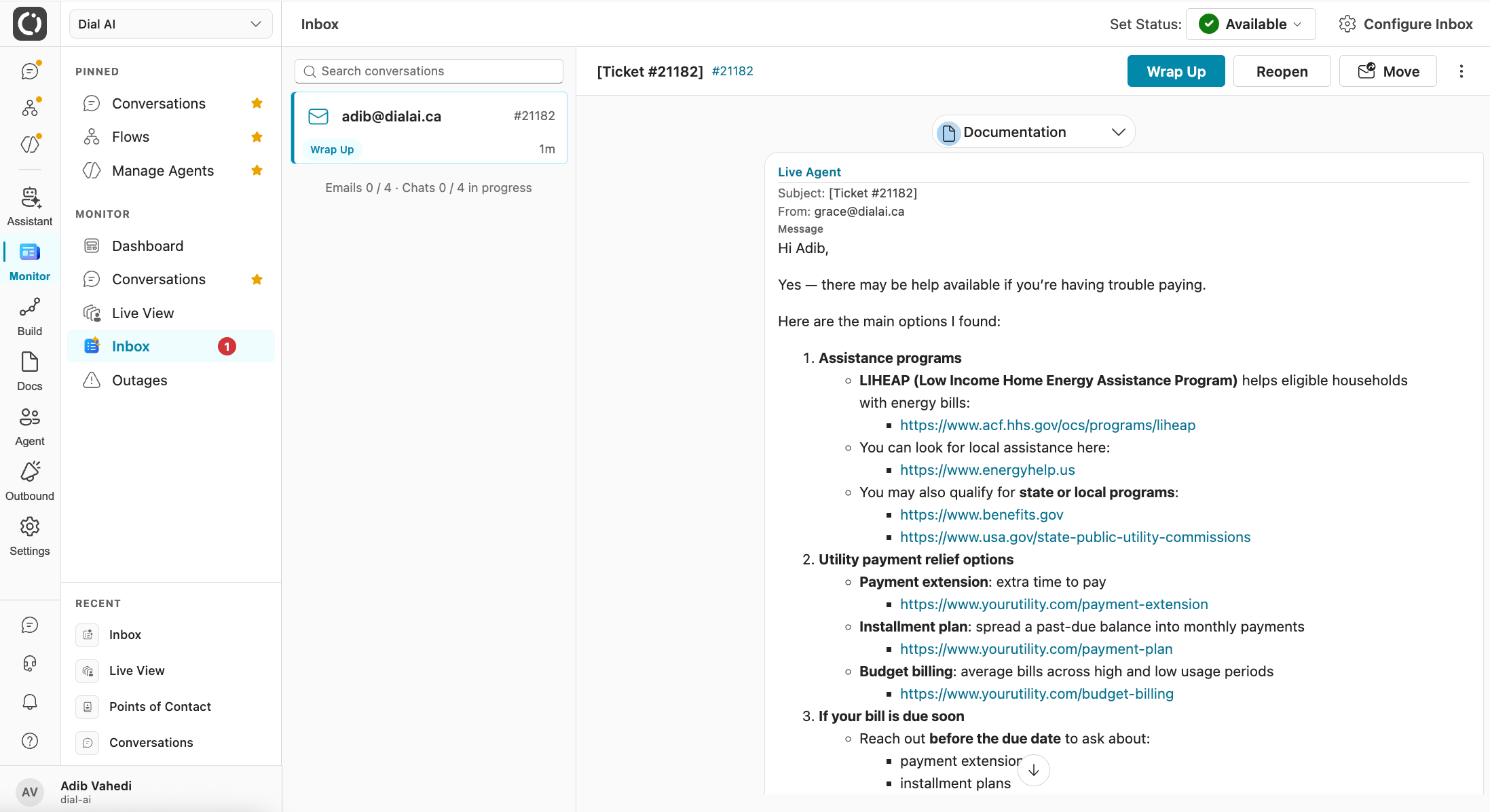 AI email agent answering an inbound email (light mode)